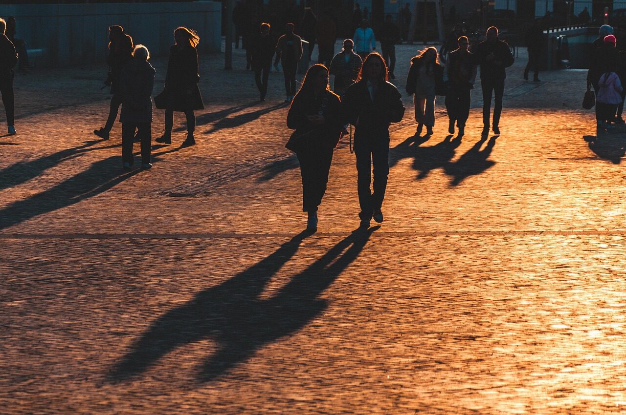 people, sun, nature, shade, silhouette, evening, light, eve, road, city, urban